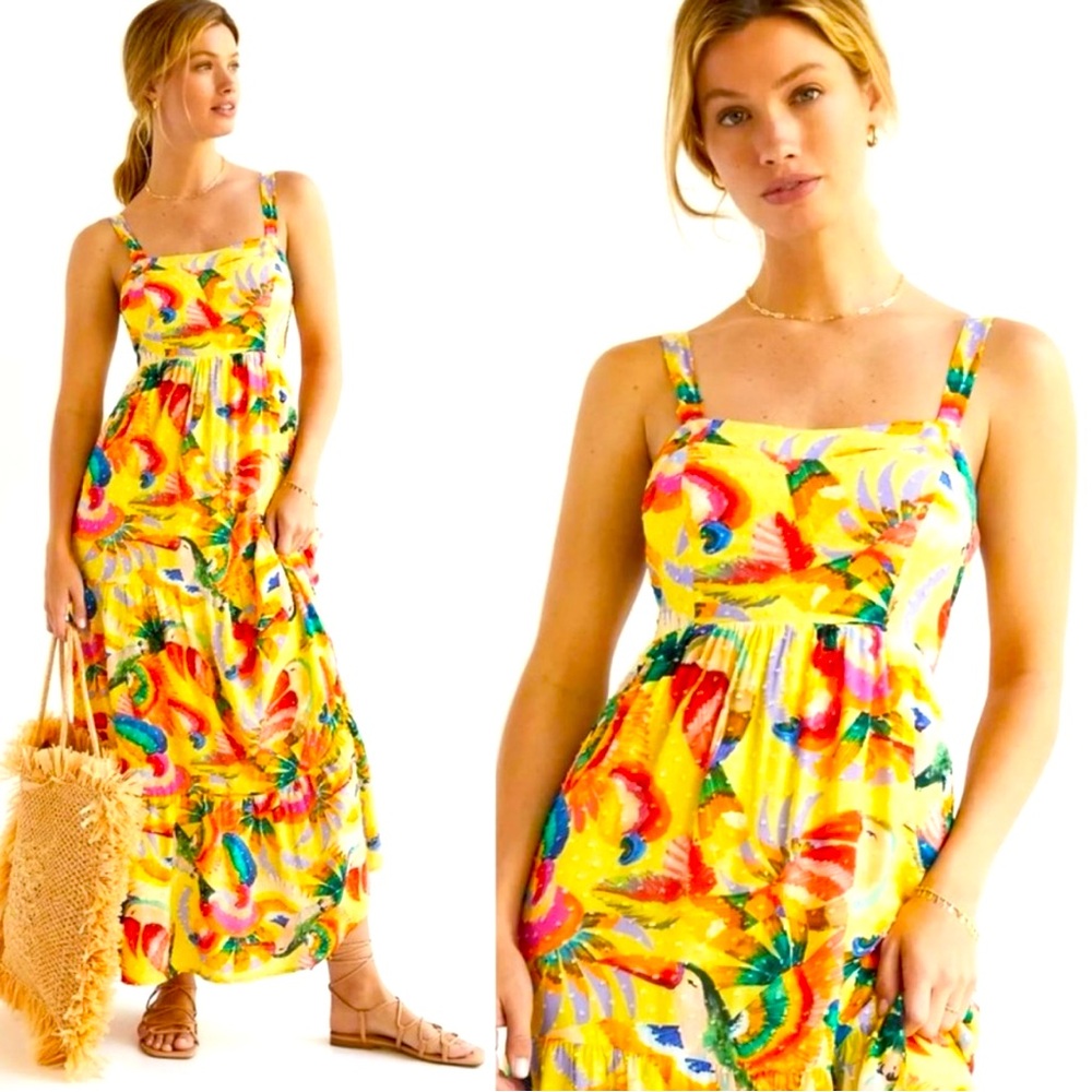 Farm Rio Anthropologie Textured Tropical Maxi
Dress in Tropical Parrot Macaw - S